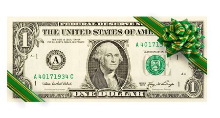 US dollars with green bow close-up isolated on white background