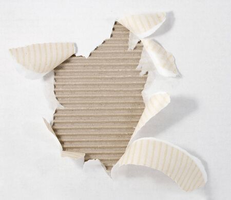 torn corrugated cardboard on white backgroundの写真素材