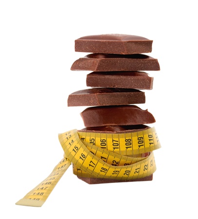 chocolate blocks in tape measure , Diet concept , isolated on white backgroundの写真素材