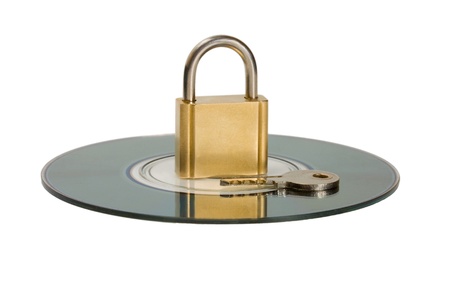 Data Protection CD disc key and lock isolated on white backgroundの写真素材