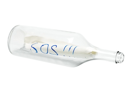 Message sos in a bottle on a white background の写真素材