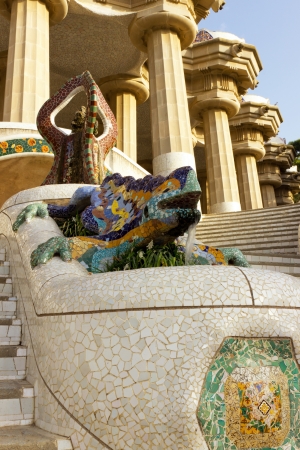Park Guell mosaic sculpture of a dragon fountain designed by Antonio Gaudi.のeditorial素材