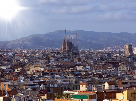 SPAIN - AUGUST 08  La Sagrada Familia in night - cathedral designed by Antoni Gaudi, which is being build since 1882 and is not finished yet August 08, 2012, in Barcelona, Spain  のeditorial素材
