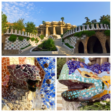 set dragon with ornamental snake at Guell park, Barcelona, Spain のeditorial素材
