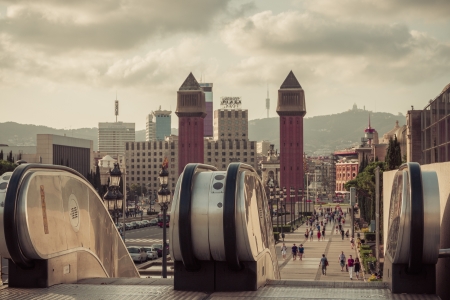 SPAIN - AUGUST 18: Plaza Espana in Barcelona, mountain of Montjuic. August 18, 2012, in Barcelona,...