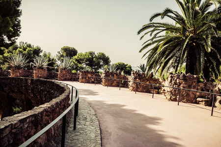 Park Guell designed by Antoni Gaudi in Barcelona, Spain. Vintage retro styleの写真素材