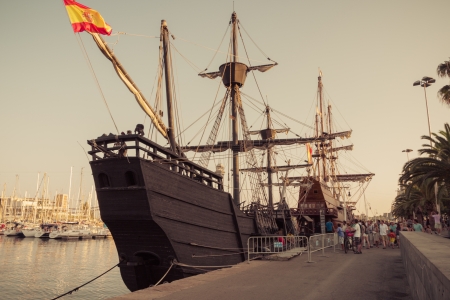 BARCELONA - AUGUST 18: Old sailship in Port Vell. August 18, 2012, in Barcelona, Spain.のeditorial素材