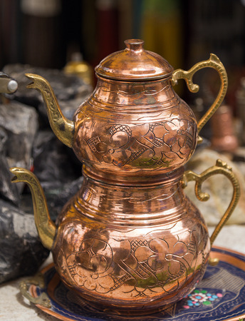 Copper old teapot for preparationTurkish teaの写真素材