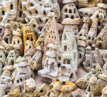 Stone mushrooms with artificial caves in Cappadocia, Turkeyの写真素材