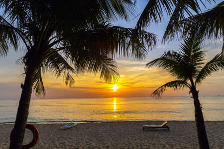 Beautiful tropical sunset on the beach, boat, palm silhouetteの写真素材