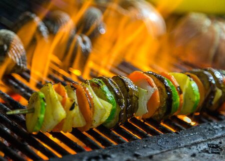 Fried skewers Grilled Vegetables on the BBQ. Background eat Barbecue Grill Vegetable.の写真素材