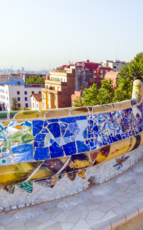 Mosaic ornate at the Parc Guell designed by Antoni Gaudi located on Carmel Hill, Barcelona, Spain.