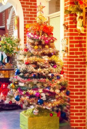 Decorating Christmas tree x-mas interior backgroundの写真素材