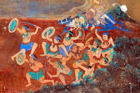Painted wall on religious subjects, describing history of the Kampuchea in Royal Palace in Phnom Penh, Cambodiaのeditorial素材