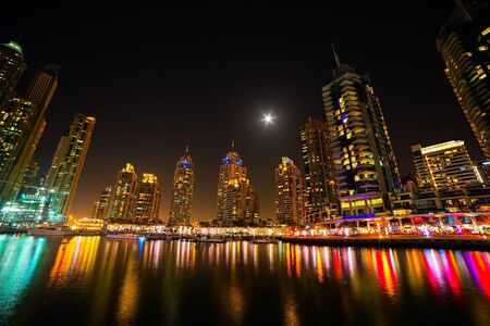 Dubai marina panorama of skyscrapers in summer night, Dubai, UAEのeditorial素材