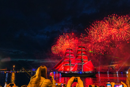 ST.PETERSBURG, RUSSIA - JUNE 21: Frigate with scarlet sails floating on the Neva River. Holiday "Scarlet sails" in St.Petersburg, 2014, St. Petersburg, Russia.のeditorial素材