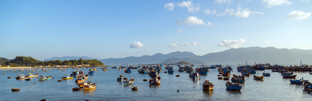 Traditional Fishing Boat and Woven Bamboo Basket Boat on sea Vietnam.の写真素材