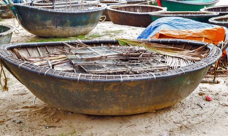 Vietnamese old boat basket and trap, fishing netの写真素材
