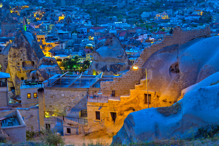 The night Goreme hotel and house, landscape Countryside lifestyle of Rural Cappadocia landscape, Turkeyの写真素材