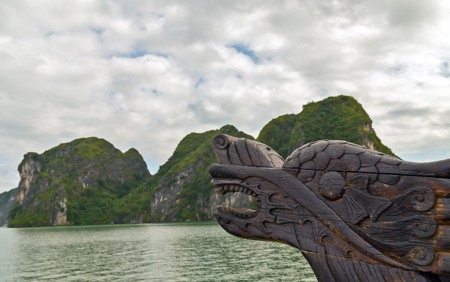 Dragon boat Ha Long bay islands Halong mountains in South China Sea, Vietnam.の写真素材