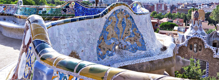 colorful ceramic bench at Parc Guell designed by Antoni Gaudi, Barcelona, Spain.のeditorial素材