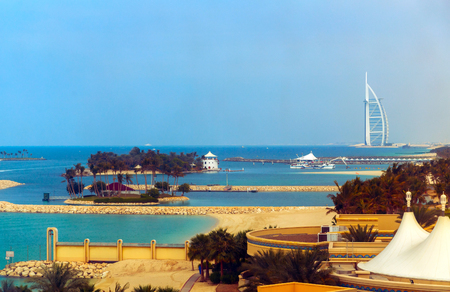 DUBAI, UAE - JAN 23, 2016: Aerial view on Burj Al Arab is a luxury 5 star hotel built on an artificial island in front of Jumeirah beachのeditorial素材