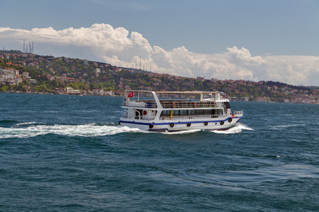 Ferry passenger boat on the Gulf Golden Horn, Channel Bosphorus Strait Sea front landscape of Istanbul historical part, Turkey famous city.のeditorial素材