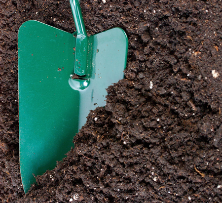 garden shovel in soil for flower and seedingses backgroundの写真素材