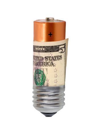 Eco green energy concept bulb, lightbulb battery plant growing Dollar Bills money isolated on white...