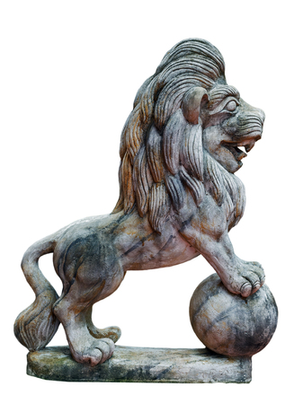 Ancient sculpture Lion statue marble leo Isolated on a whiteの写真素材