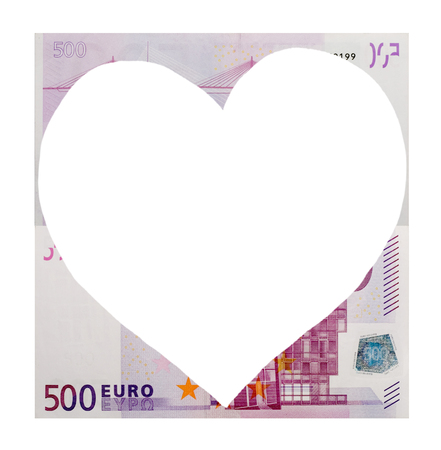 Heart from five hundred euro banknote on a white backgroundの写真素材