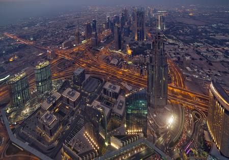 Aerial view of downtown hotel, famous skyline of Dubai's business skyscrapers luxury resort in Dubai city at night, United Arab Emirates (UAE).のeditorial素材