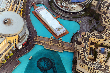 The Dubai Shopping Mall top view, Grove Musical Fountain artificial lake, Aerial view of downtown hotel, famous The Dubai Mall, United Arab Emirates (UAE).のeditorial素材