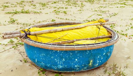 Woven Bamboo Basket Boats on the beach at Da Nang, Vietnamの写真素材
