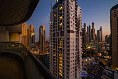 Dubai, UAE - January 24, 2016: Dubai Marina aerial panoramic view cityscape by night, illuminated skyscrapers and the hote towers.のeditorial素材