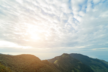 Panoramic Mountain Landscape view on sunrise cloud forest Worlds End in Horton Plains National Park...