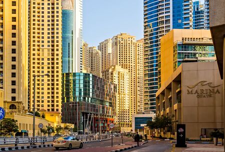 DUBAI, UAE - January 25, 2016: Dubai skyscrapers, Modern buildings on Dubai Marina World Tallest...