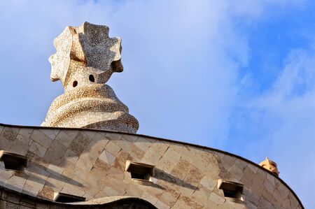 BARCELONA, SPAIN - August 03, 2012: Famous building Casa Mila La Pedrera rooftop terrace and its twisted, haunting chimneys by architect Antoni Gaudi in Barcelona, Spainのeditorial素材