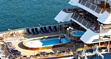 Top view of a Beautiful sea cruise ship jakuzzi pool stern. Summer vacation Cruise travel tourism...