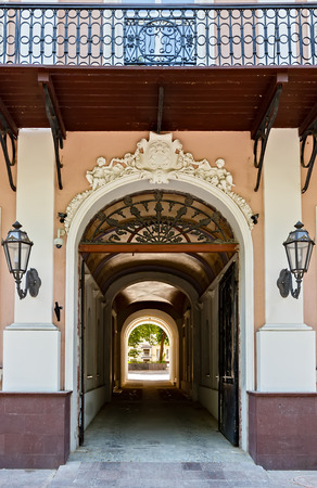 Exterior arch of the Passage building are decorated by numerous sculptures. Close up of old stone statue detail white marble sculpture. Odessa, Ukraineの写真素材
