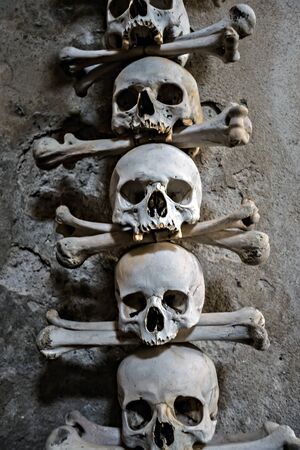 Memento more. Human Skeleton bones and skulls. Abstract concept Skeleton grave. Part of interior...