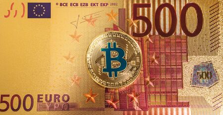 BTC Gold Plated Bitcoin Coin currency Crypto Investing background. Gold Bitcoin cryptocurrency pile...