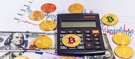 Gold Bitcoin Blockchain technology, Black electronic calculator Logarithmic graph of the course Bitcoin to USD Business concept. Crypto Investing cryptocurrency exchange background.の写真素材