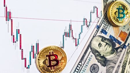 one hundred dollar bill Graph of the course bitcoin trade crypto btc digital marketing analyzing statistical information from vertical bar and charts printed.の写真素材