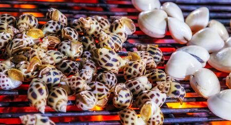 scallop seashell mussel oyster Cooking grilling on flaming grill steamed (selective focus)の写真素材