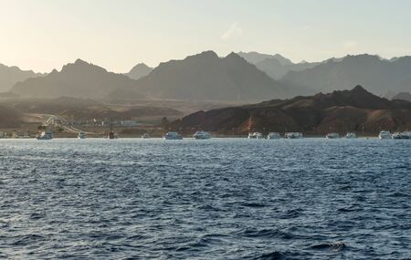 Sinai mountains sea panoramic landscape Bay Akaba background Red sea near Sharm El Sheikh in Egypt