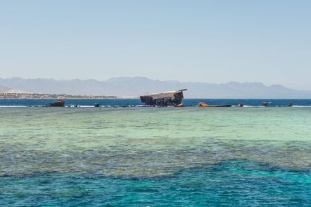 Shipwreck the old wreck of the cargo ship Lara in Bay Akaba Red sea and Tiran island near Sharm El...