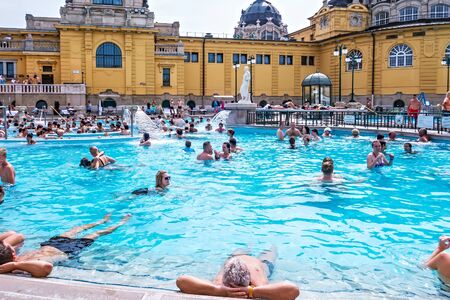 BUDAPEST, HUNGARY. August 24, 2019. Place Szechenyi Spa Medicinal Thermal Bath hot water outdoor In Budapest, Hungary.のeditorial素材