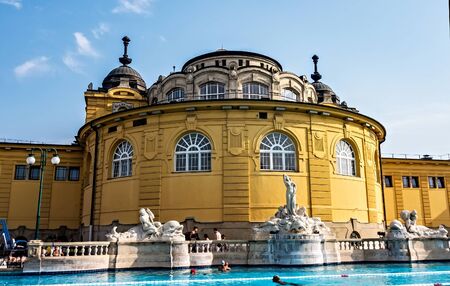 BUDAPEST, HUNGARY - August 24, 2019: the thermal baths at Szechenyi Baths and Pool in sunny day, Spa and Wellness Complex in Budapest, Hungary.のeditorial素材