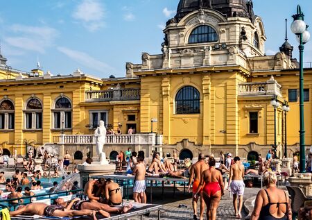 BUDAPEST, HUNGARY - August 24, 2019: the thermal baths at Szechenyi Baths and Pool in sunny day, Spa...